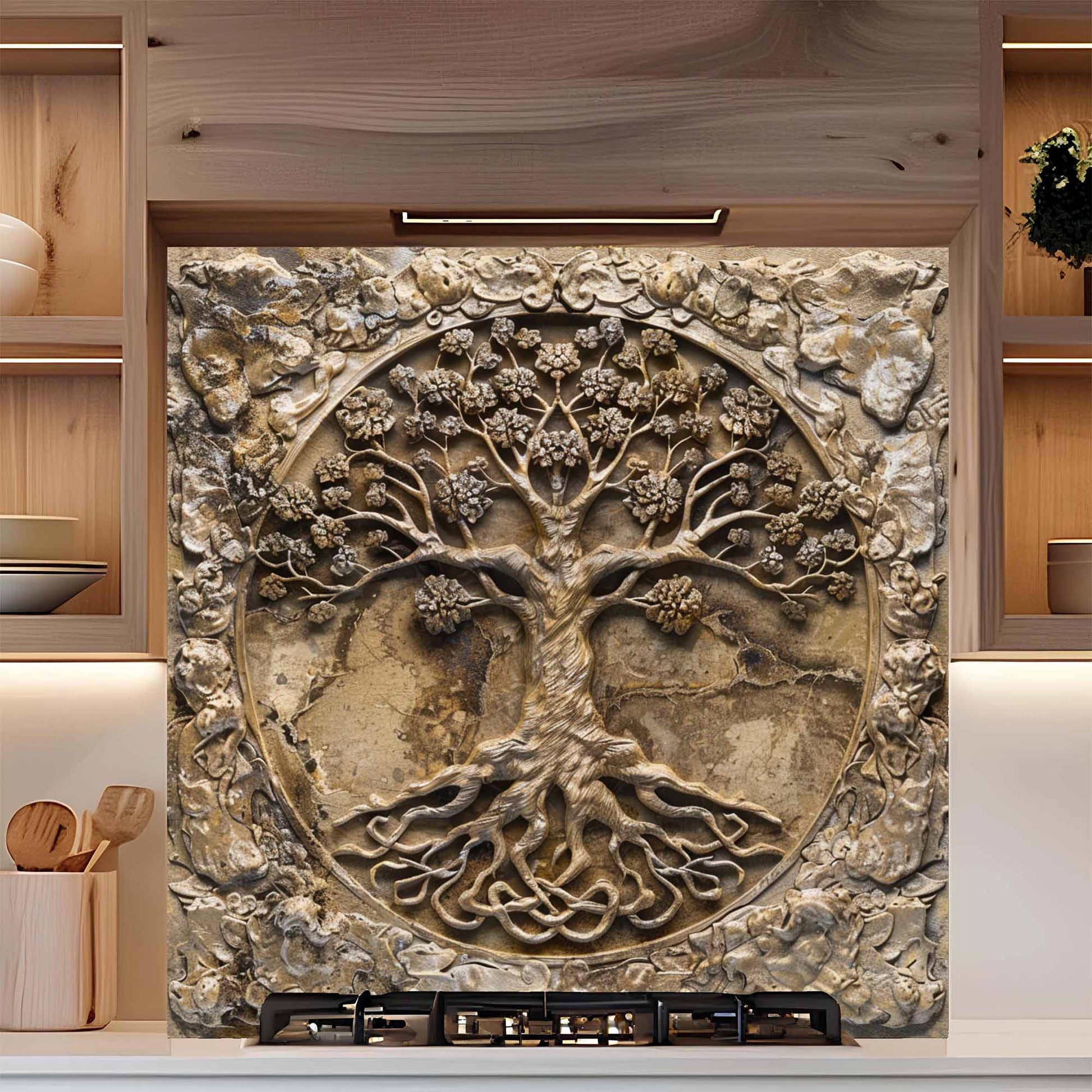Decorative backsplash of a tree with roots and branches on a kitchen wall.
