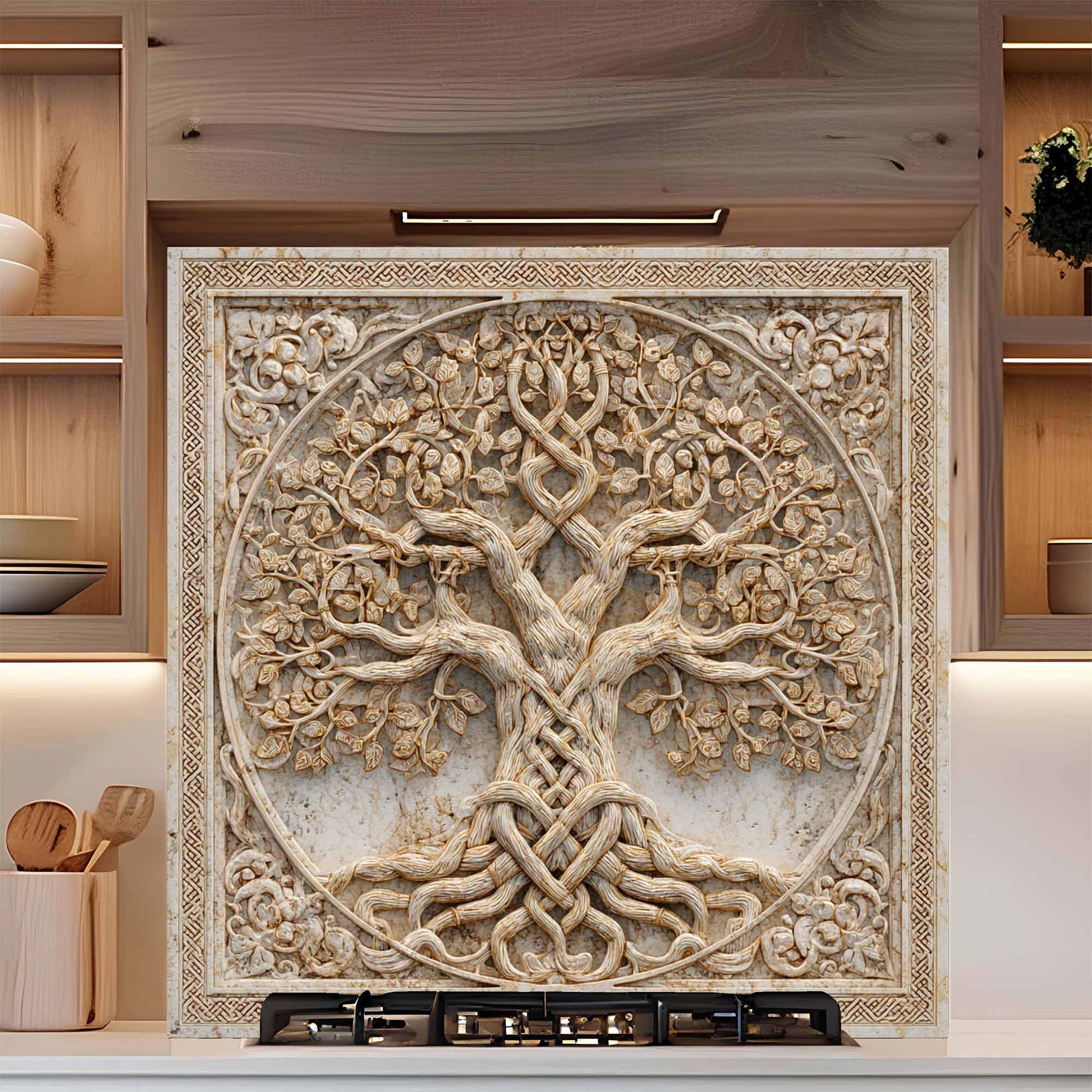 Decorative glass backsplash with tree design in a kitchen setting