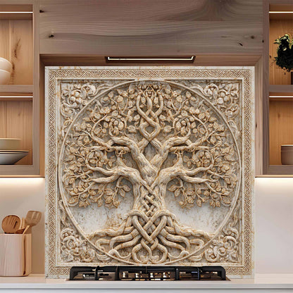 Decorative glass backsplash with tree design in a kitchen setting