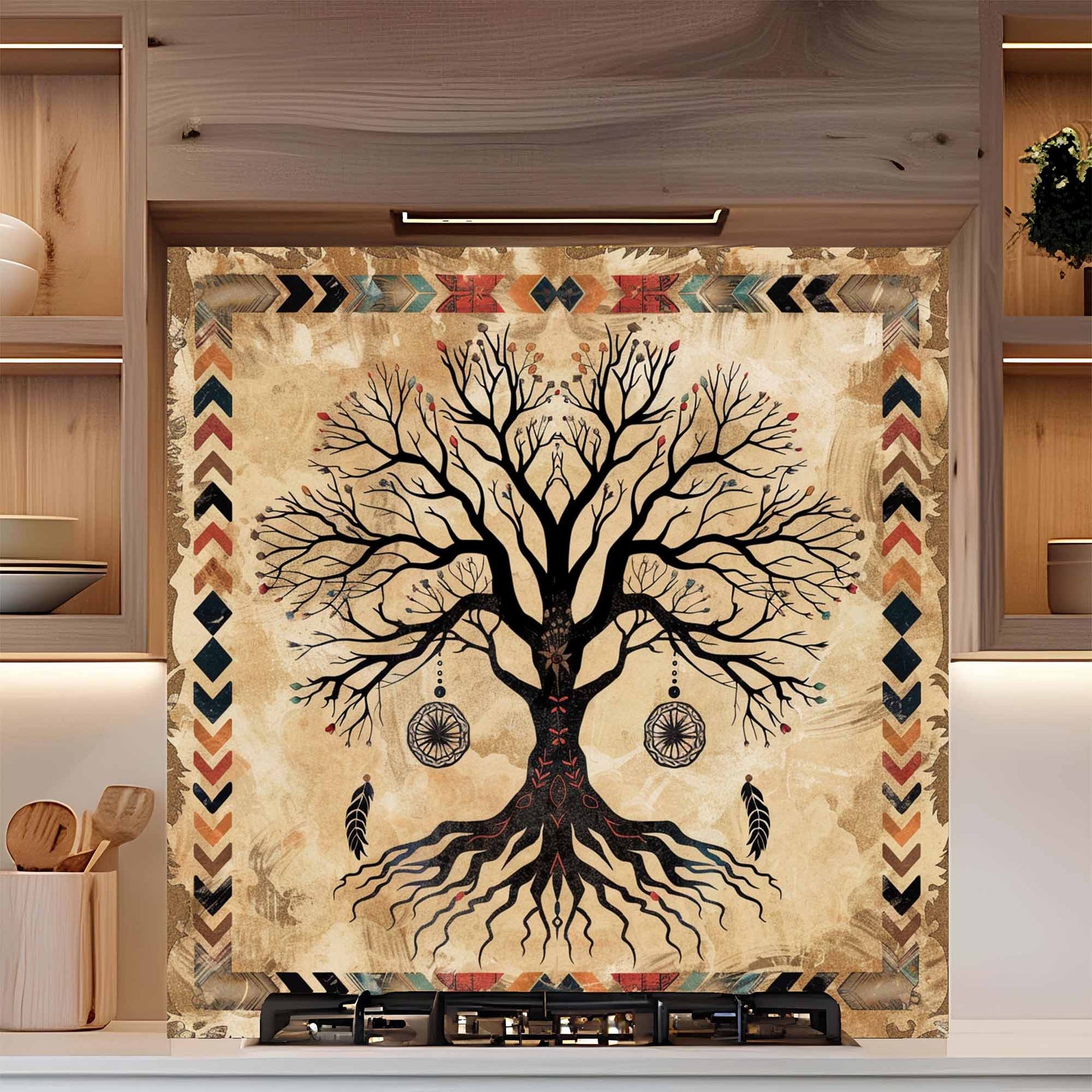 Decorative backsplash with a tree design in a kitchen setting
