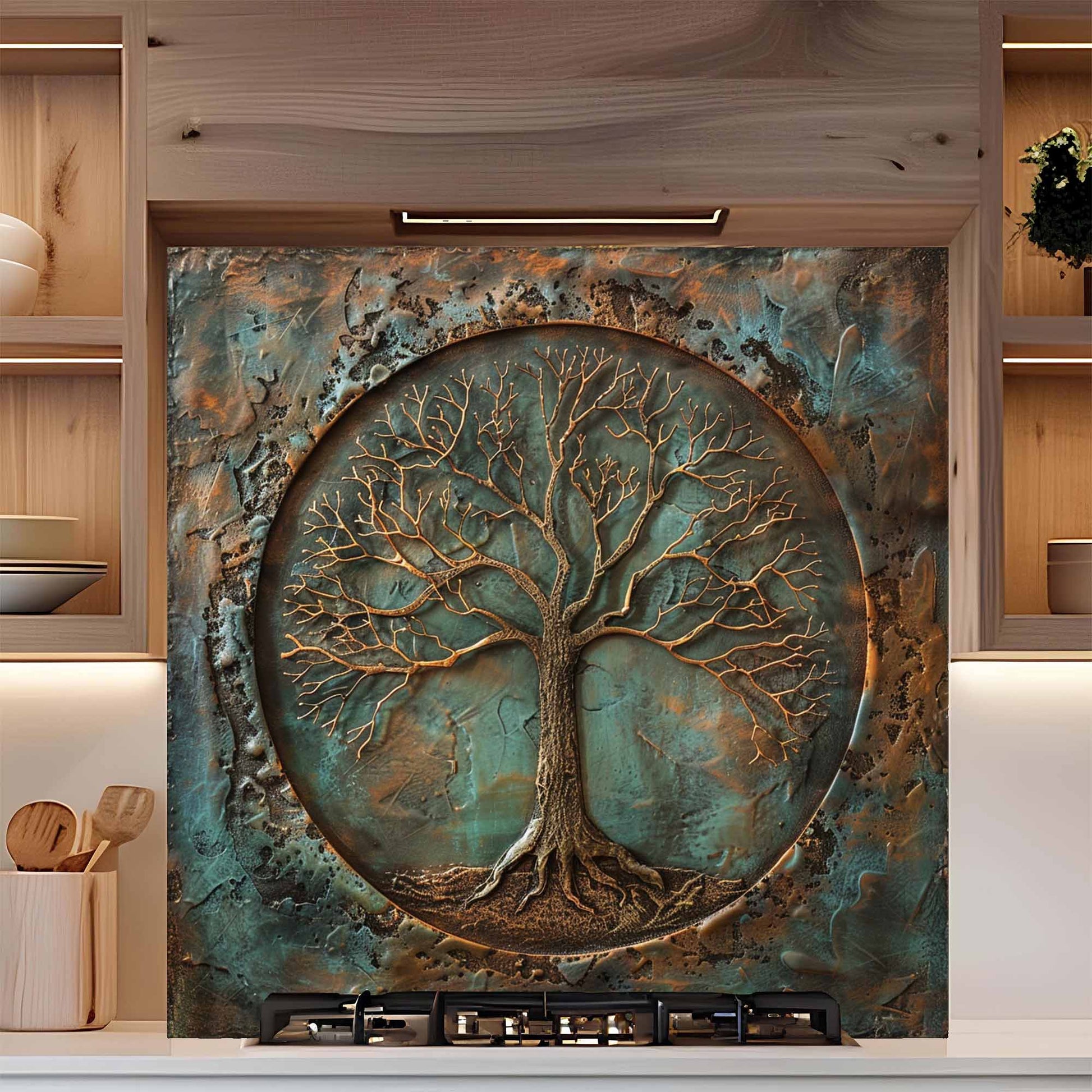 Tempered glass backsplash with a tree design in a kitchen setting