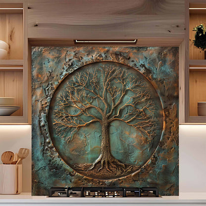 Tempered glass backsplash with a tree design in a kitchen setting