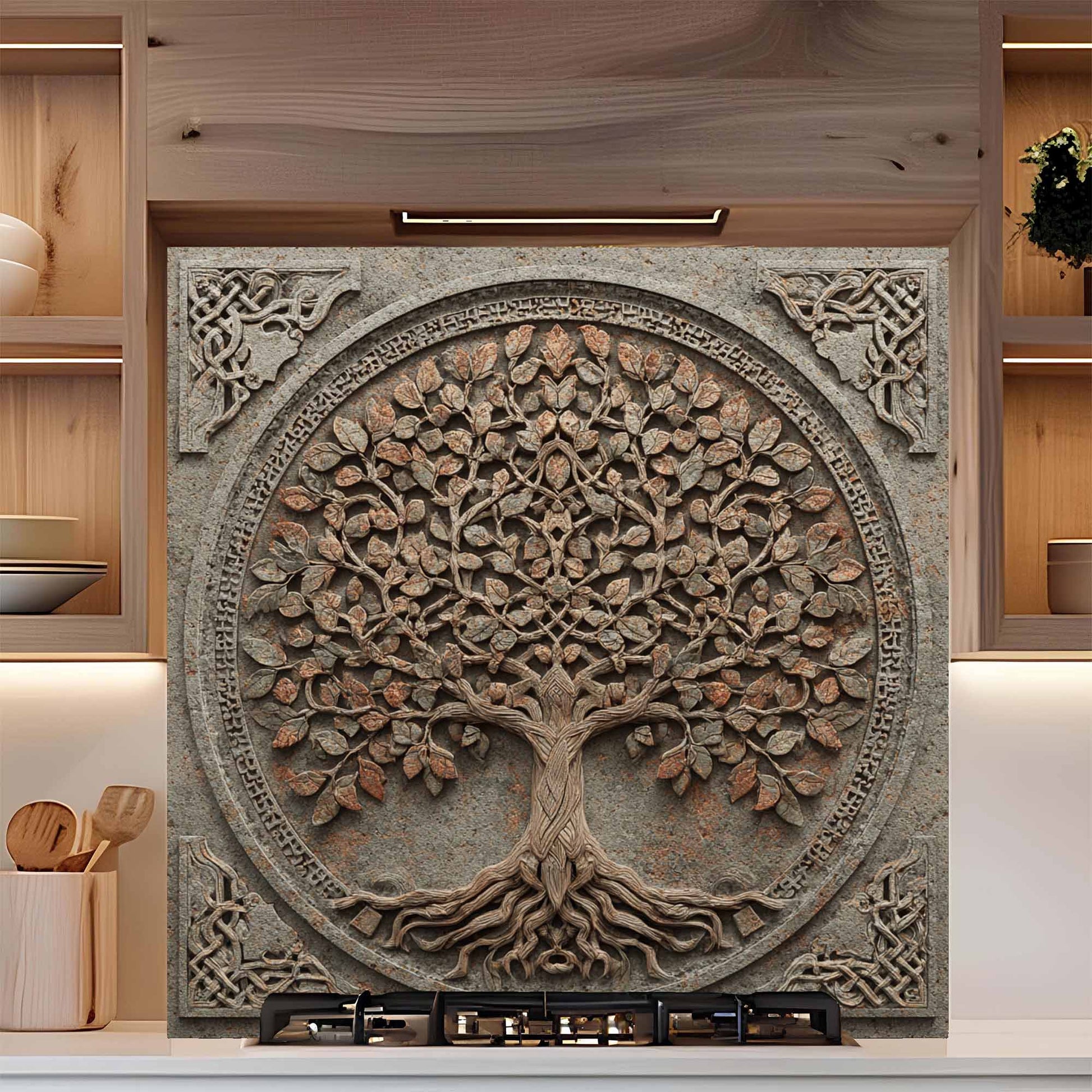Decorative backsplash with tree of life design in a kitchen setting