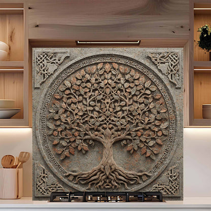 Decorative backsplash with tree of life design in a kitchen setting