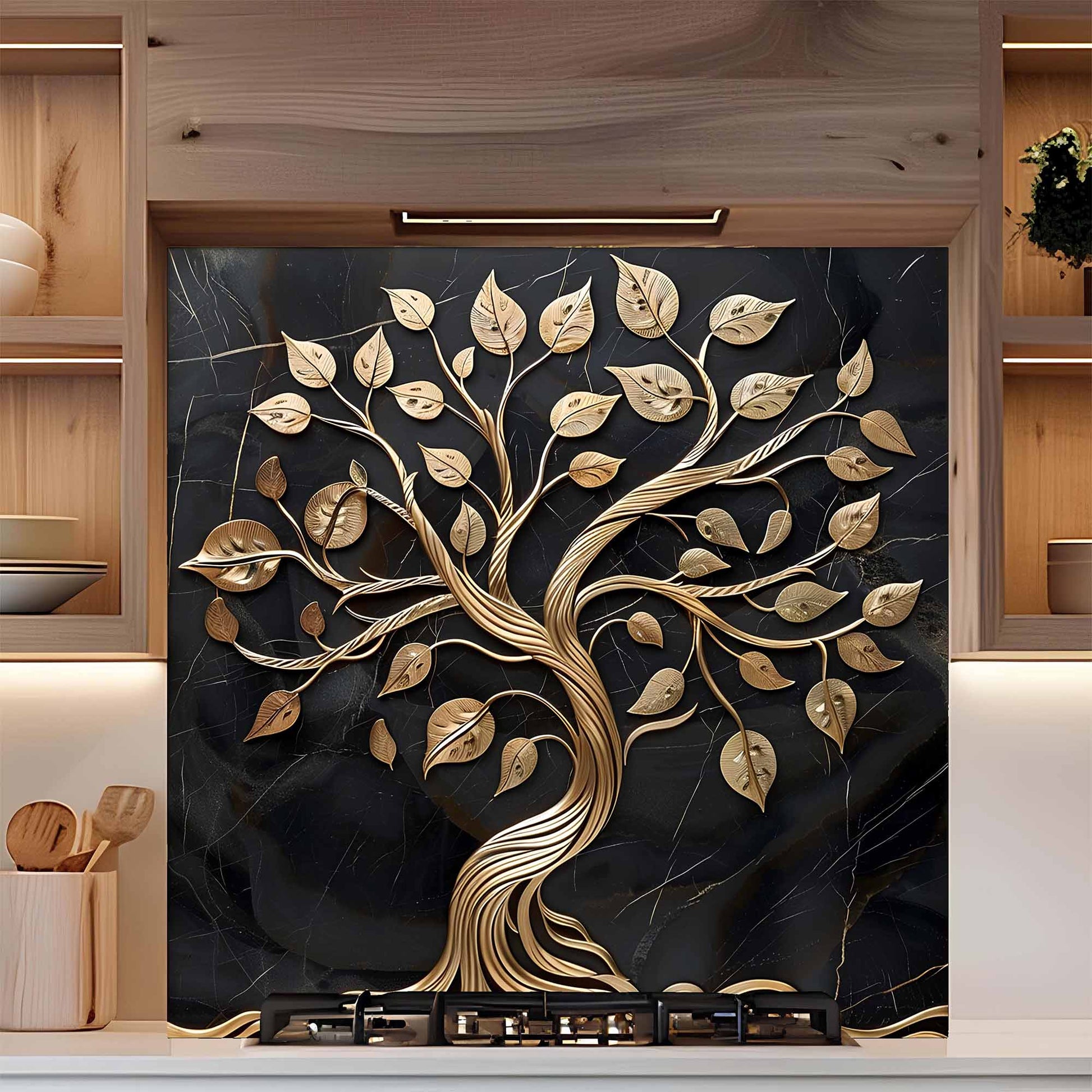 Tempered glass backsplash with golden tree and black marble design