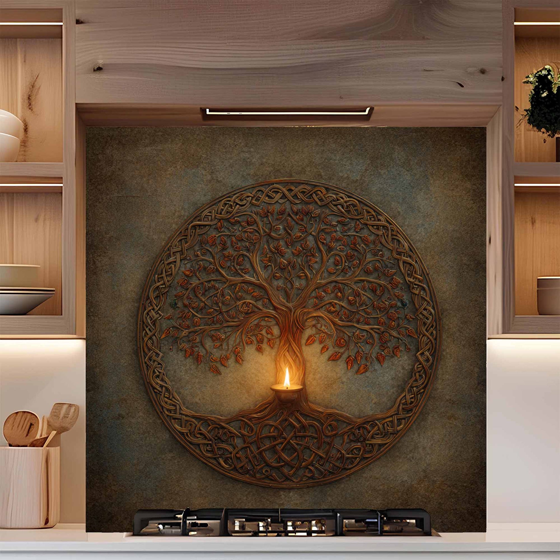 Decorative backsplash with a tree design on a kitchen wall