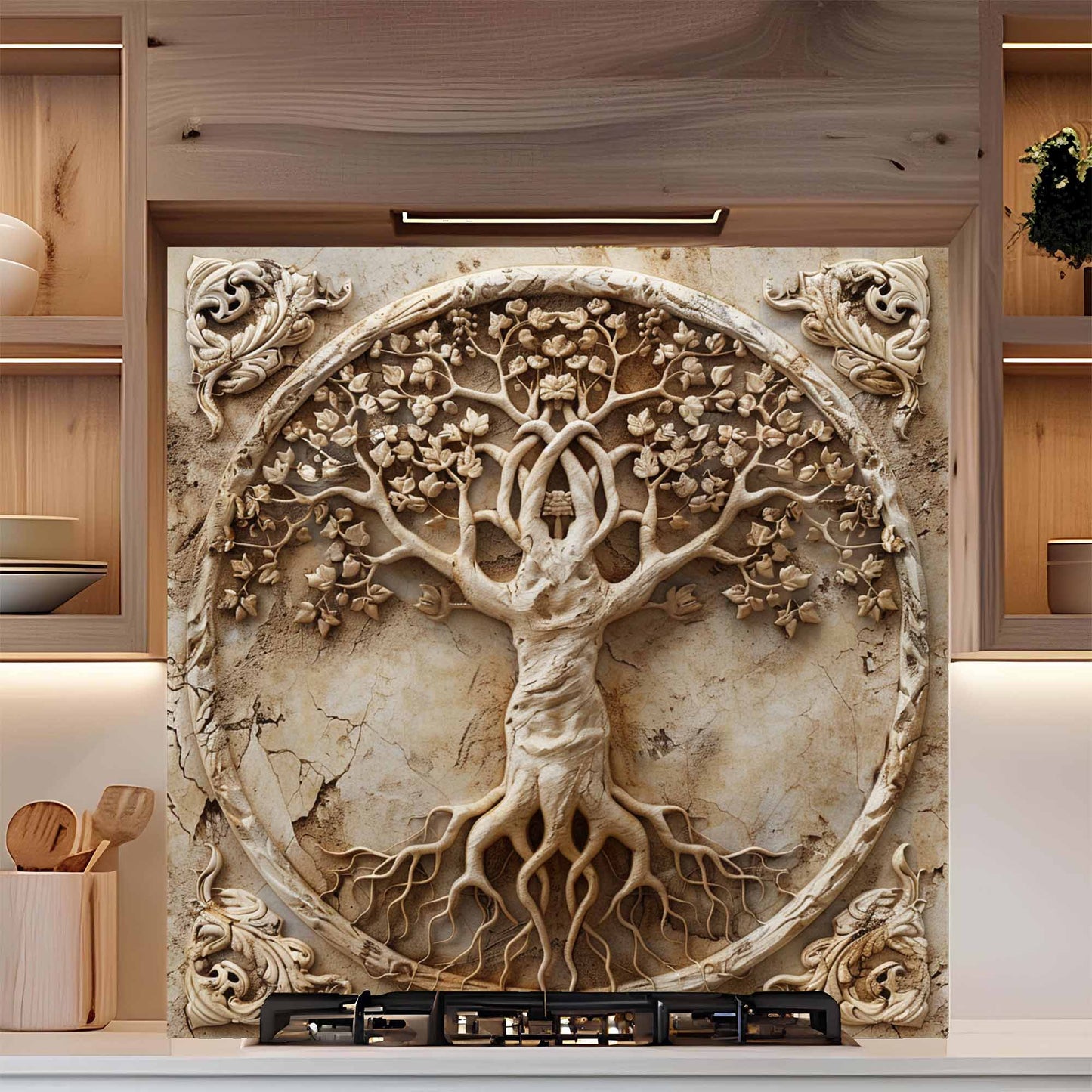 Decorative backsplash of a tree with roots and branches in a kitchen setting