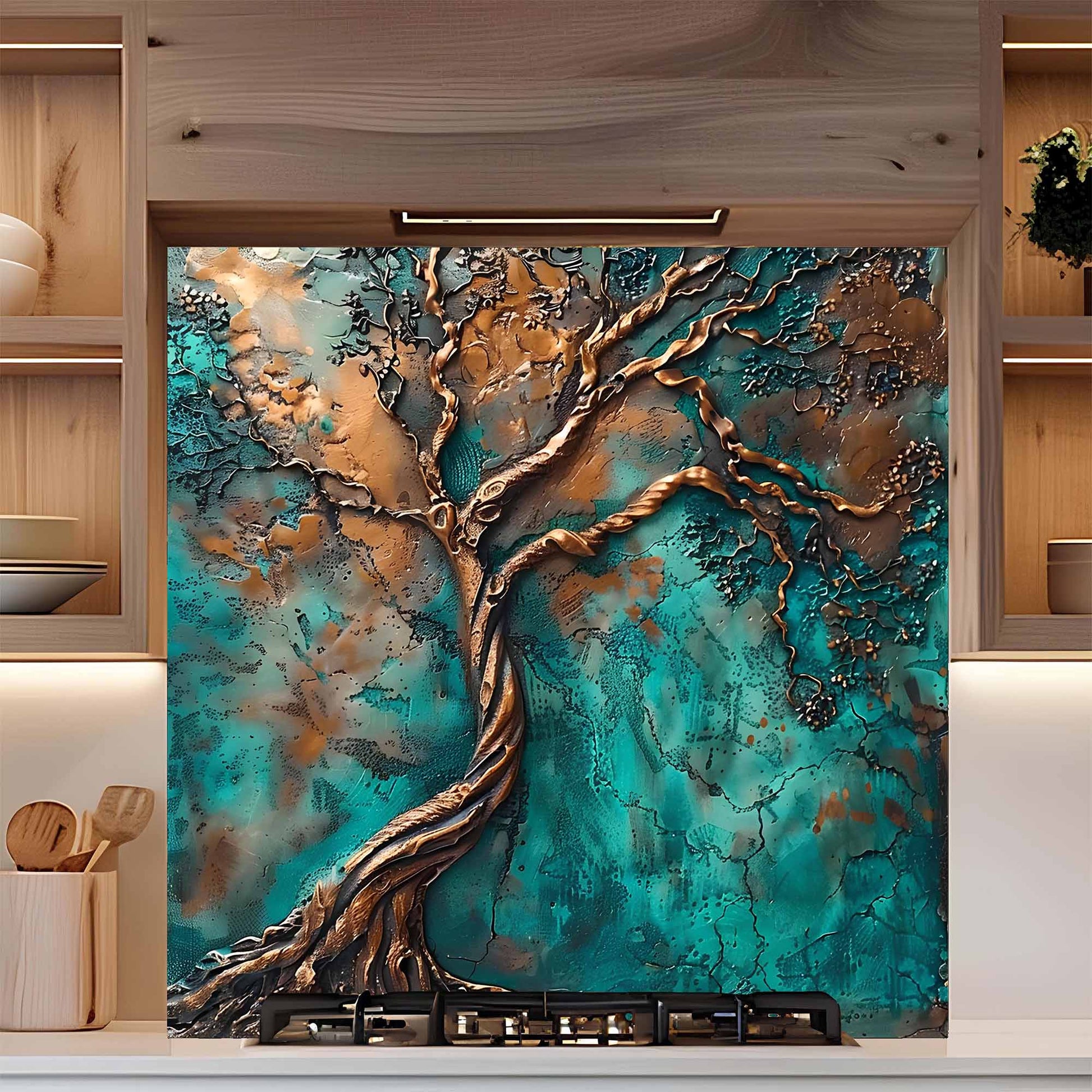 Decorative glass backsplash with a tree design on a kitchen wall