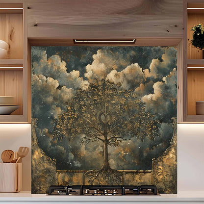 Decorative wall mural with a tree and clouds in a kitchen setting