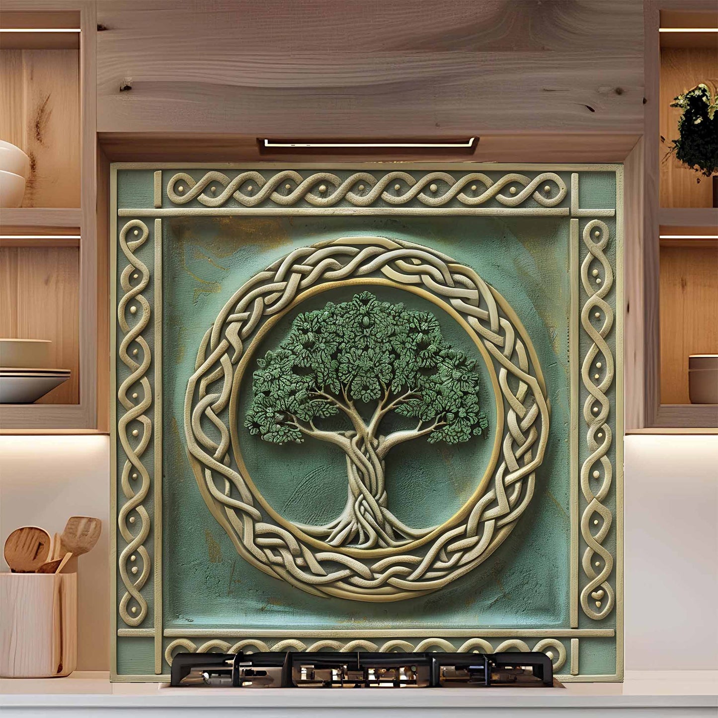 Decorative glass backsplash with tree of life design in a kitchen setting