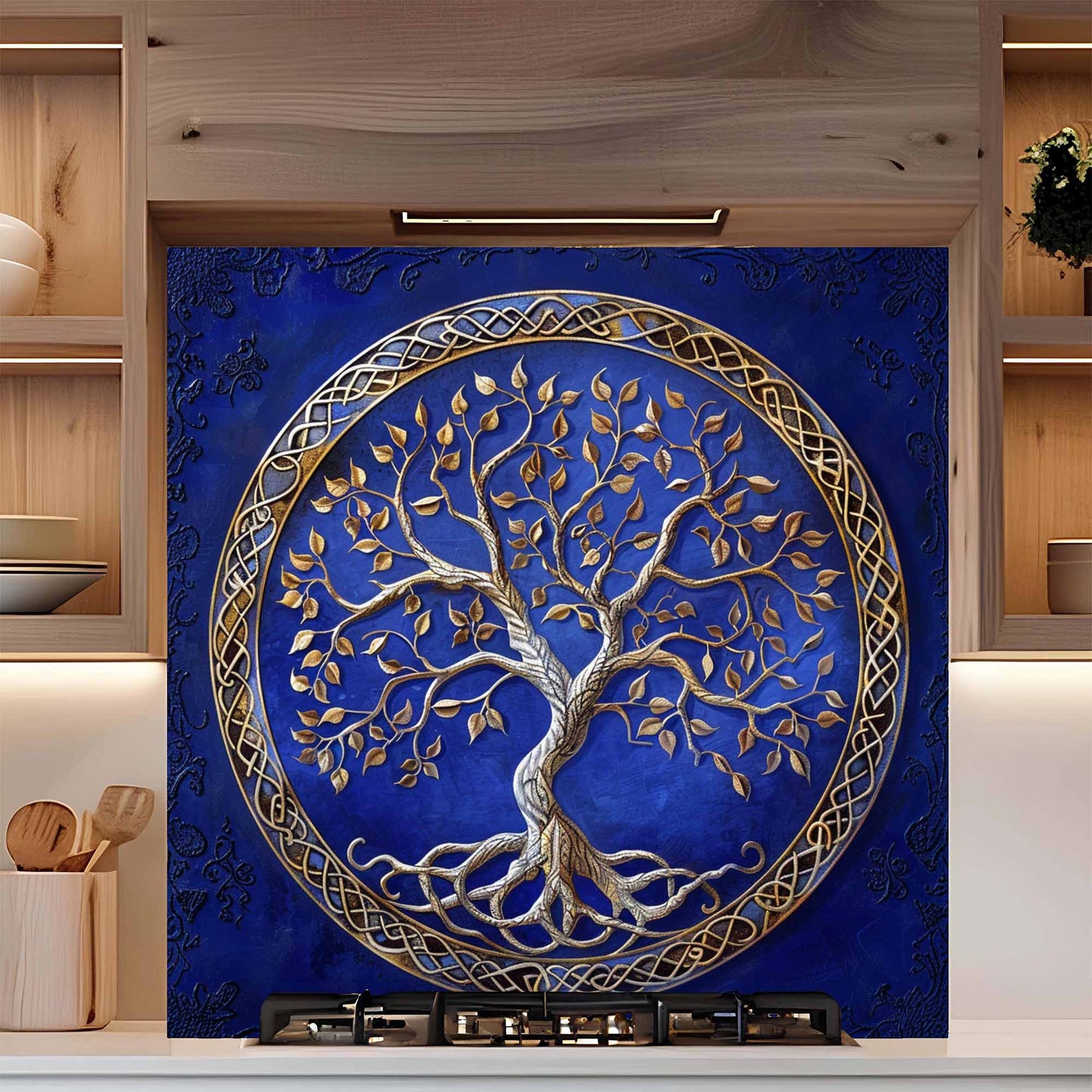 Decorative wall art with a tree of life design on a blue background, mounted on a kitchen wall.