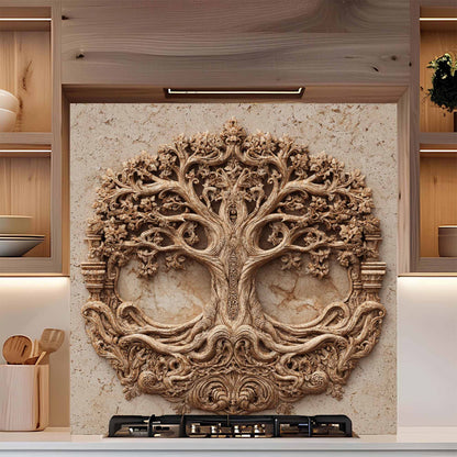 Decorative backsplash of a tree with intricate details on a stone background