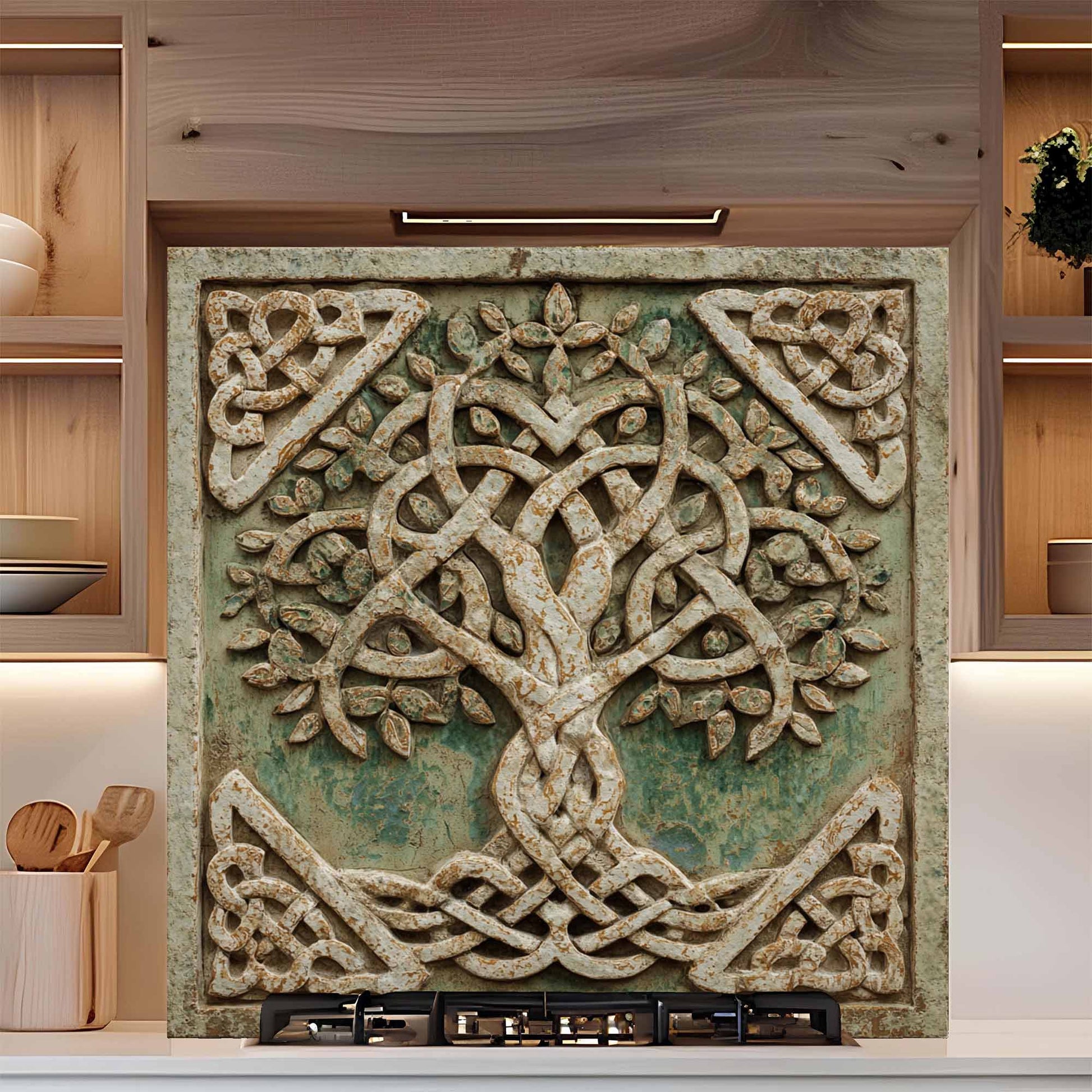Decorative backsplash with intricate Celtic knot design in a kitchen setting.