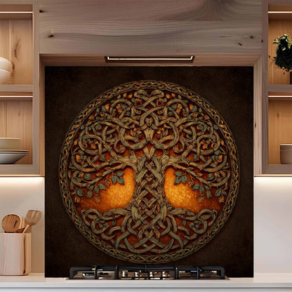 Decorative backsplash with tree design on a kitchen wall