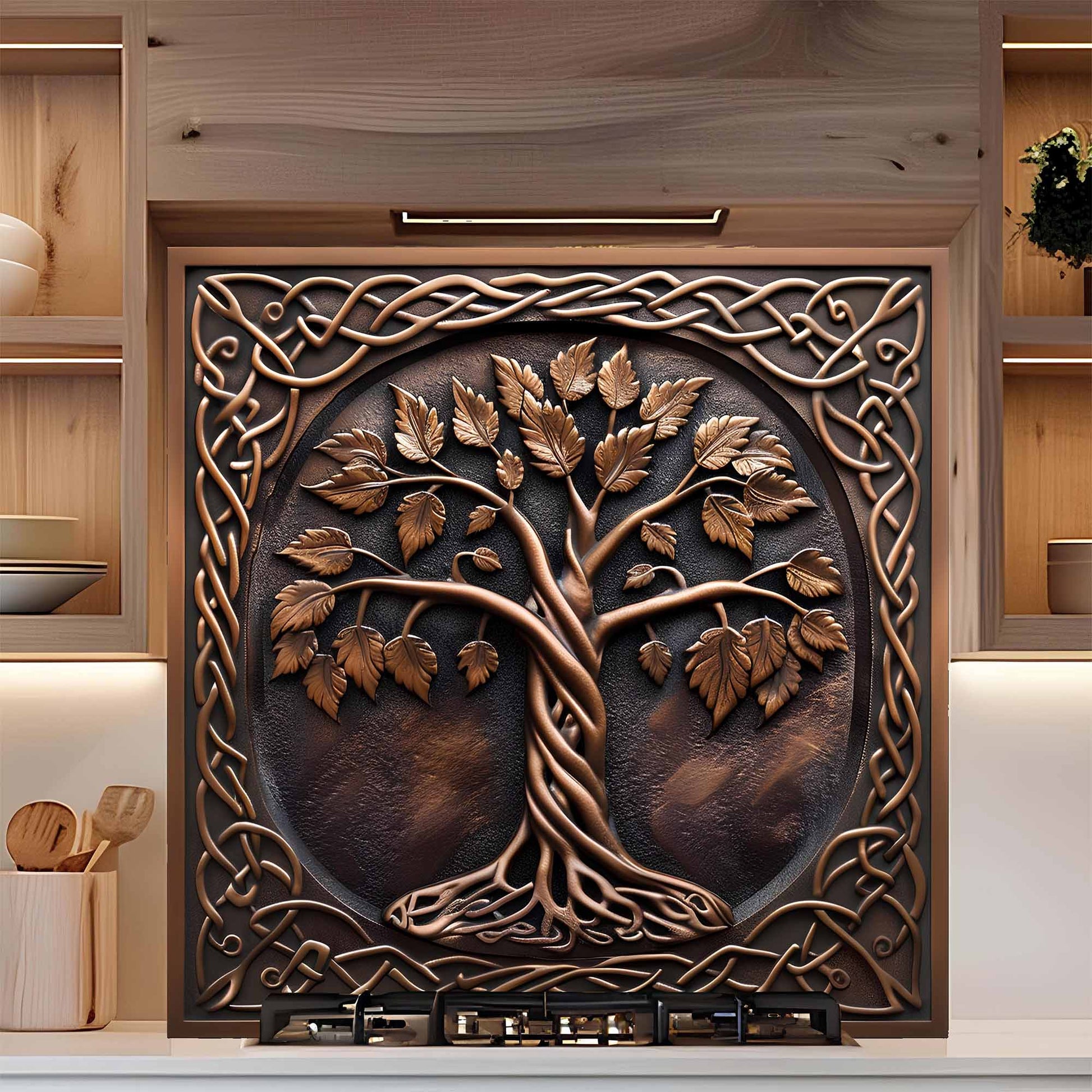 Decorative fireplace cover with tree design in a kitchen setting