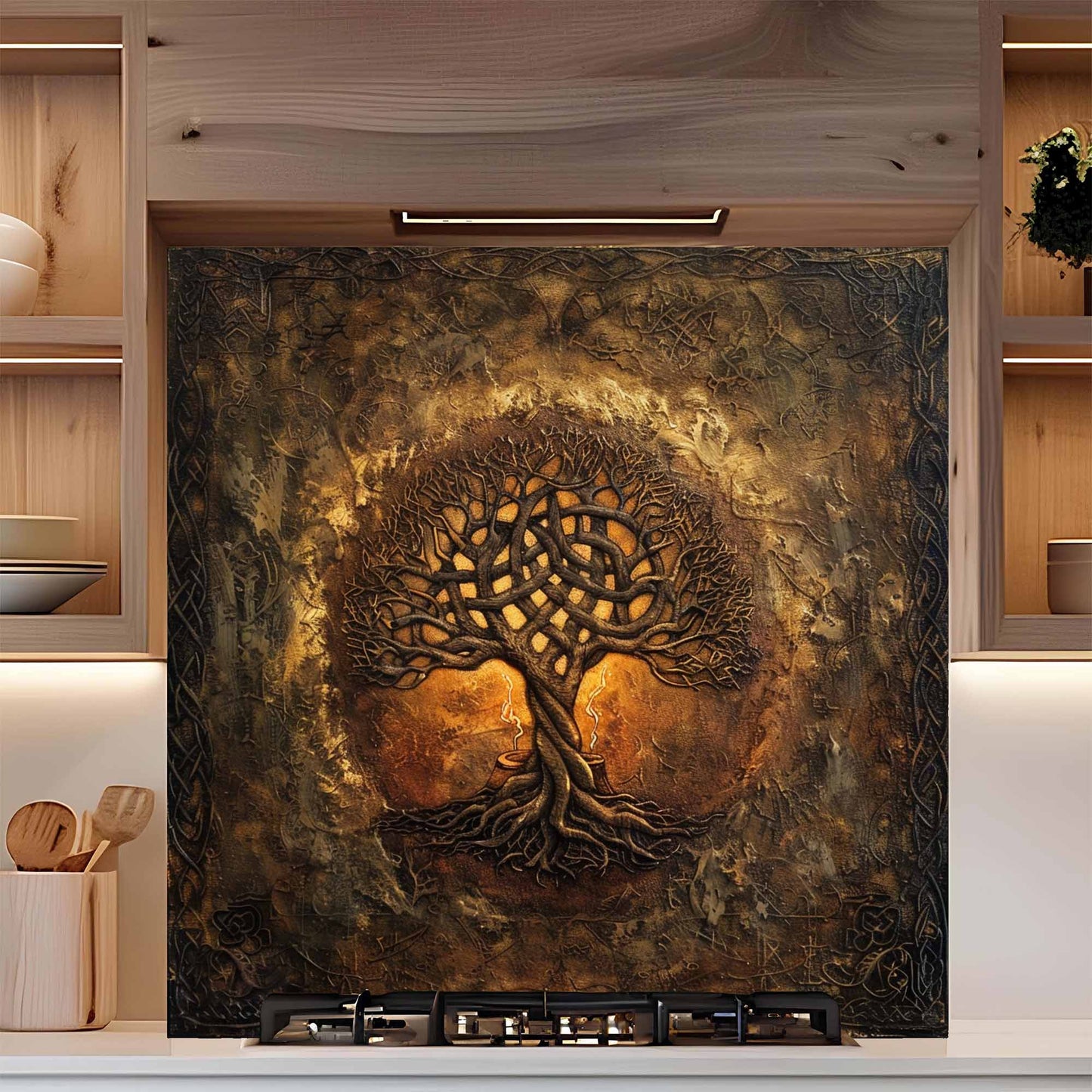 Decorative backsplash with a tree design on a kitchen wall