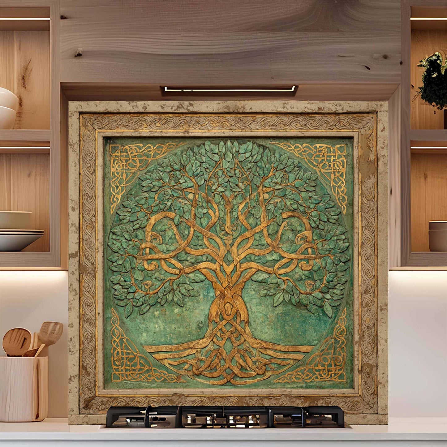 Decorative backsplash of a tree with intricate patterns in a wooden frame.
