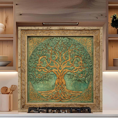Decorative backsplash of a tree with intricate patterns in a wooden frame.