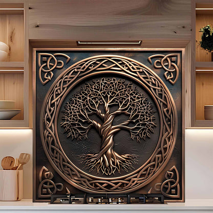 Tempered glass backsplash with tree of life design in a kitchen setting