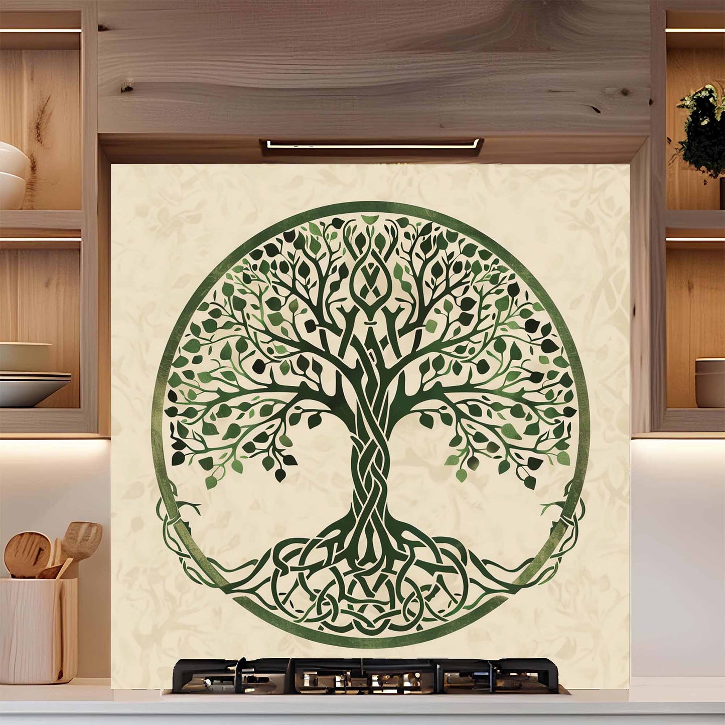 Tempered glass kitchen backsplash with celtic tree