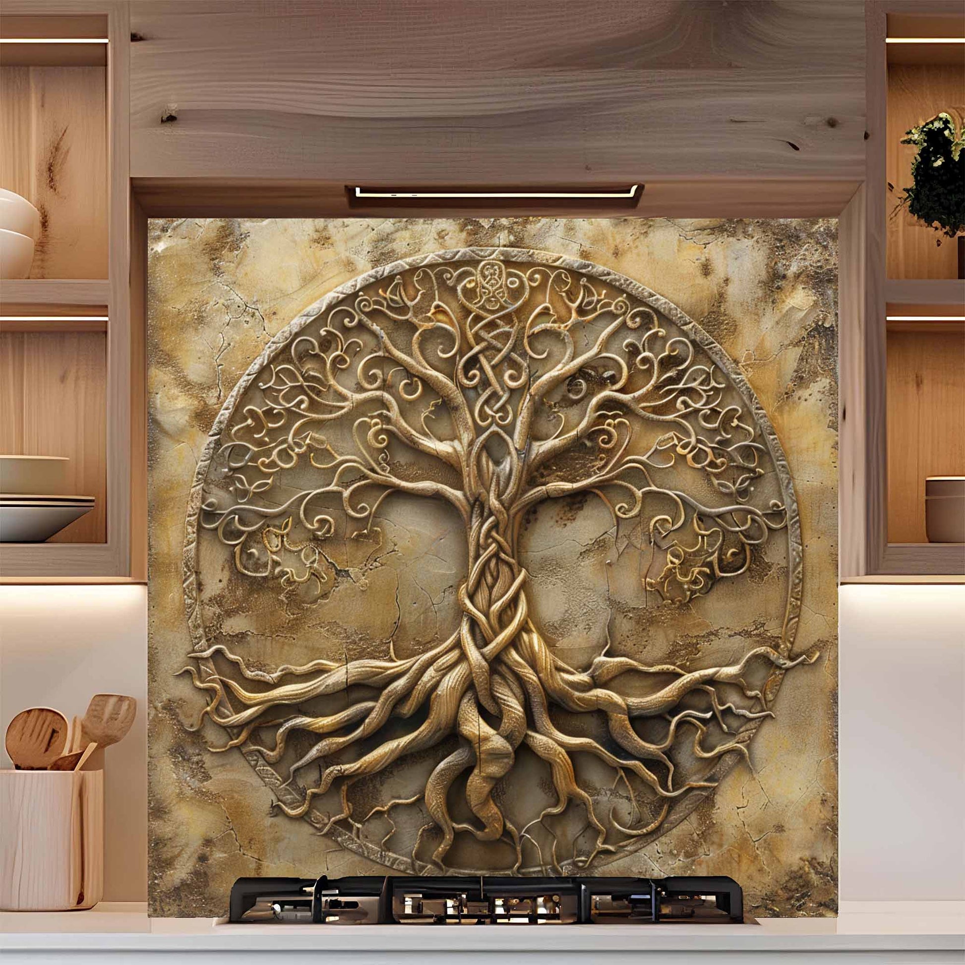 Decorative backsplash of a tree with roots on a kitchen wall