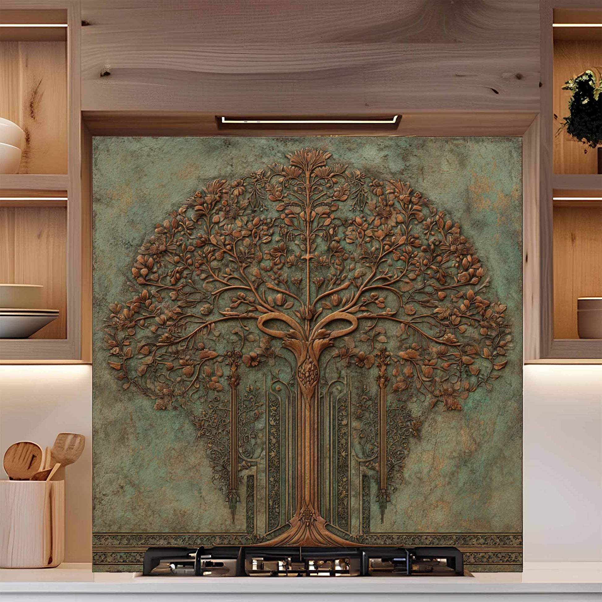 Decorative backsplash of a tree on a kitchen wall