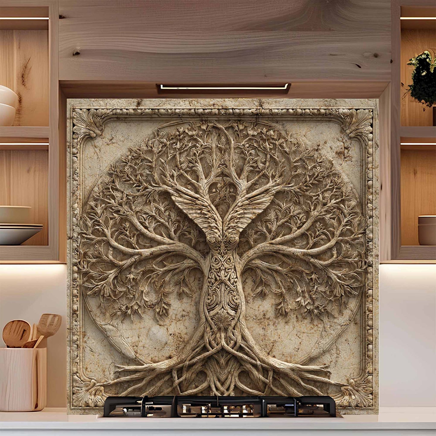 Decorative backsplash of a tree with intricate branches and roots on a wooden panel.