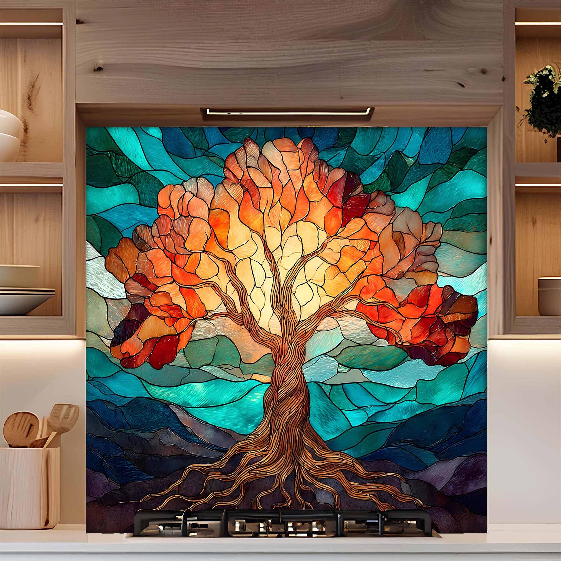 Colorful stained glass-style tree design backsplash on a kitchen appliance