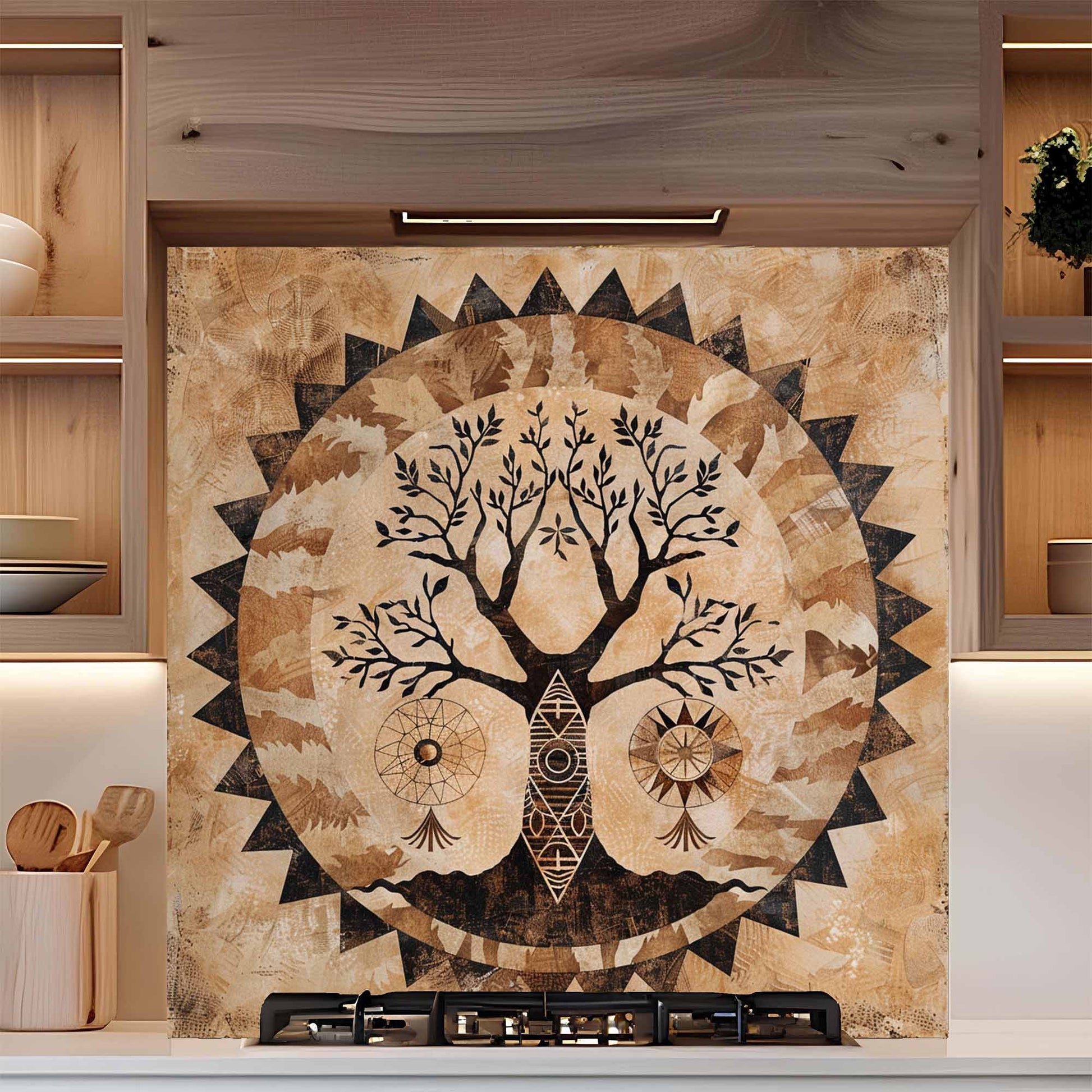 Decorative backsplash with tree of life design in a kitchen setting