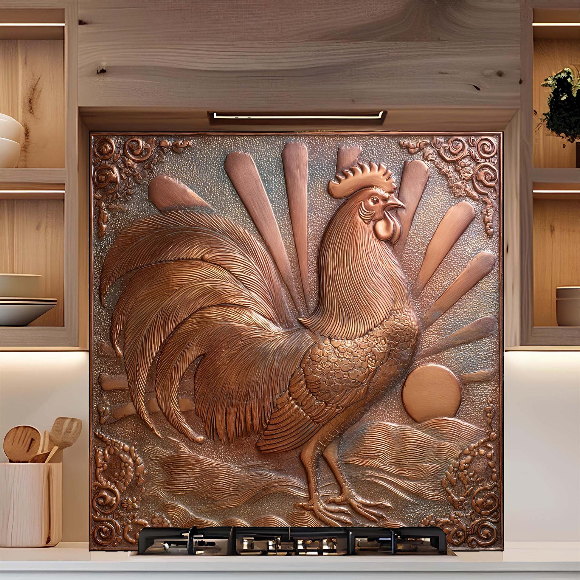 Decorative glass backsplash with a rooster design in a kitchen setting