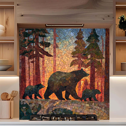 Mosaic glass backsplash of bears in a forest scene on a wall.