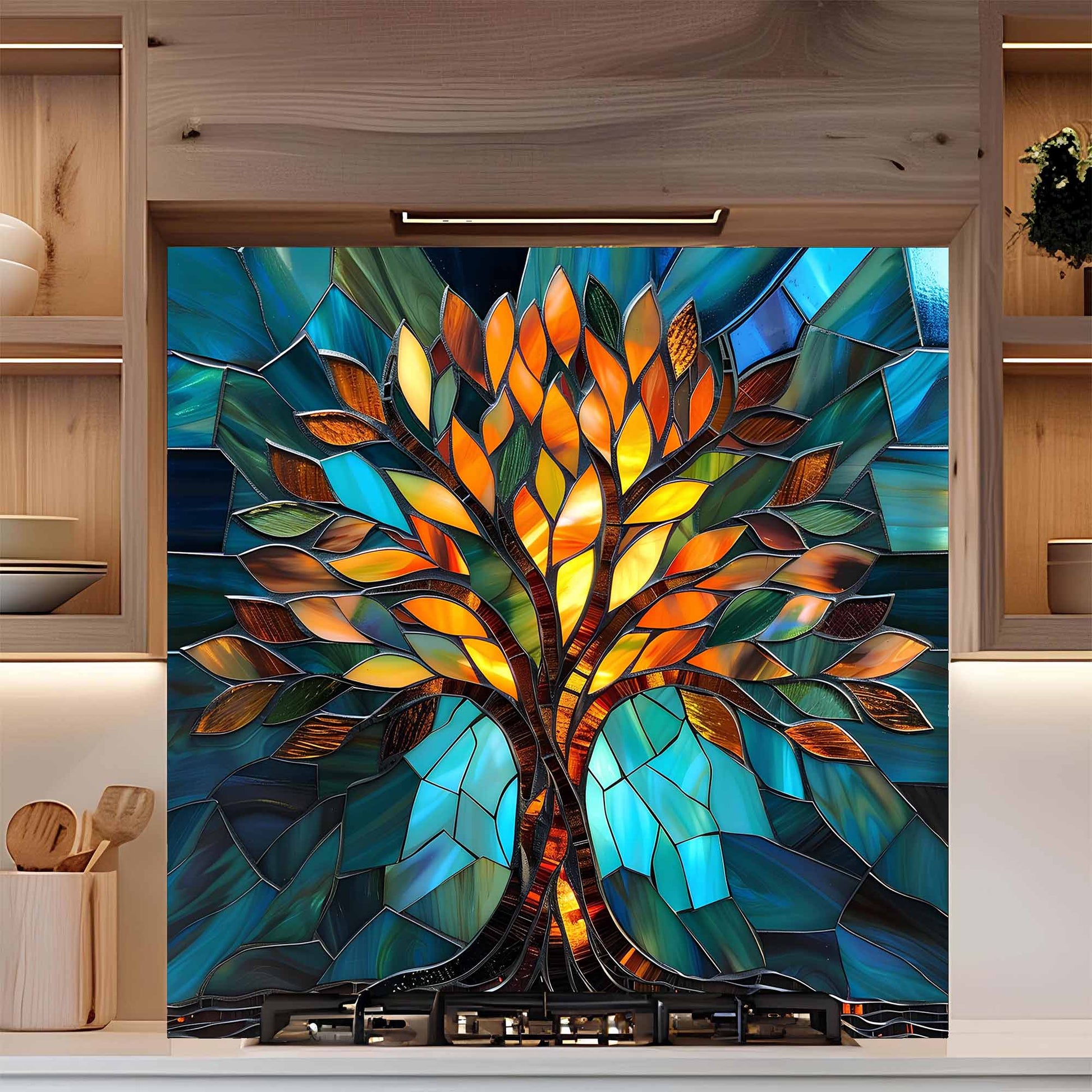 Decorative backsplash with a colorful tree design in a kitchen setting