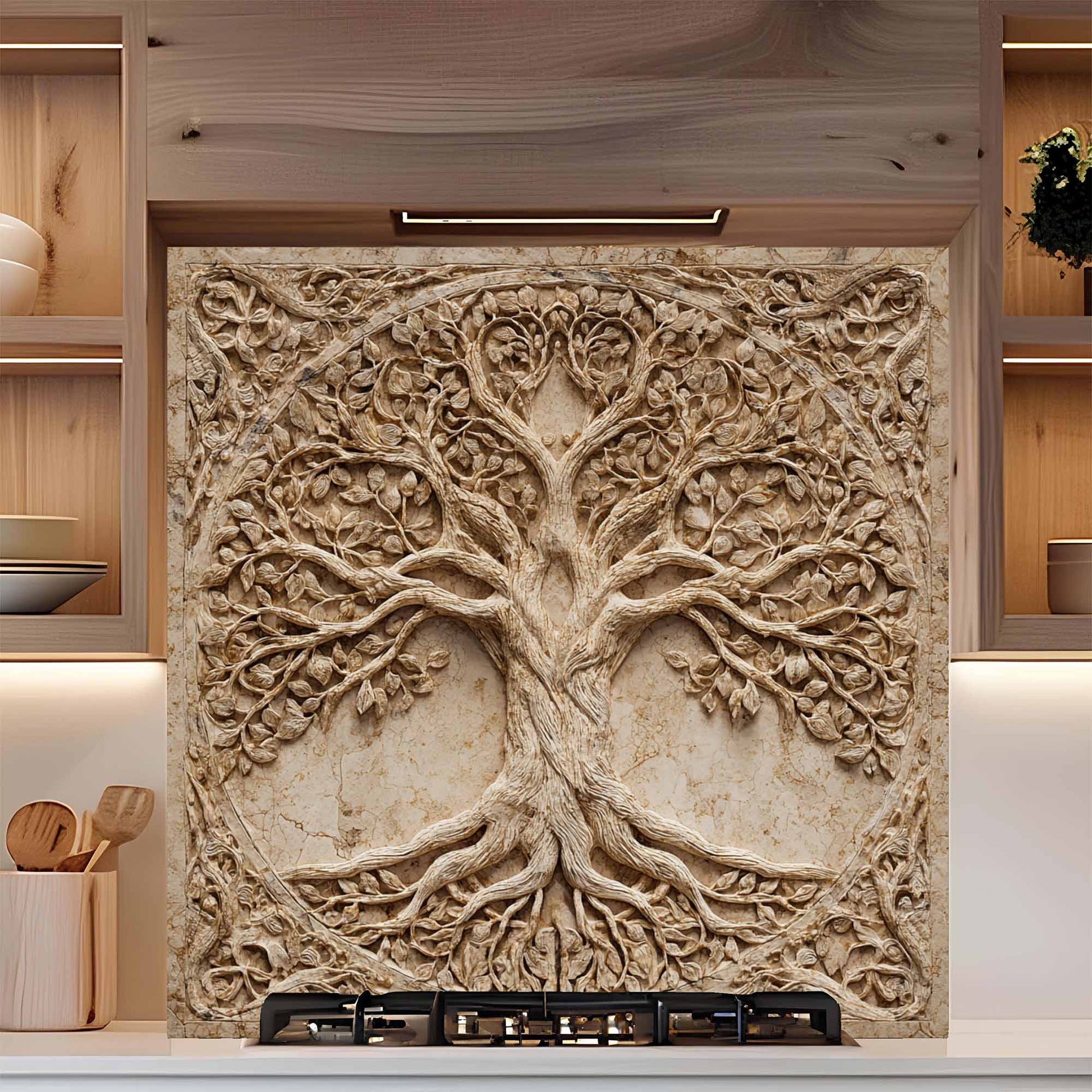 Decorative backsplash with tree design in a kitchen setting