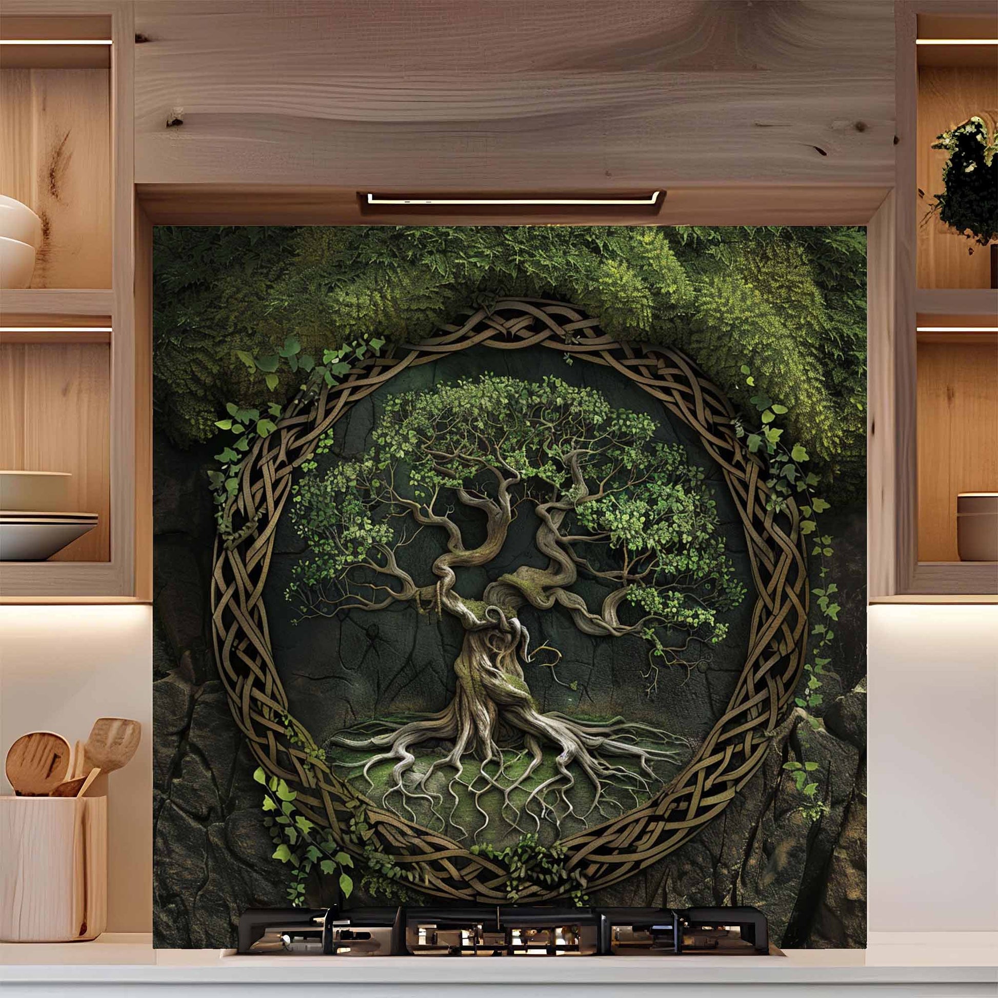 Decorative wall art with a tree and Celtic knot design in a kitchen setting