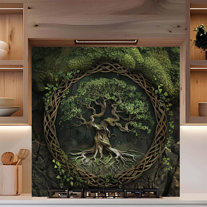 Decorative wall art with a tree and Celtic knot design in a kitchen setting