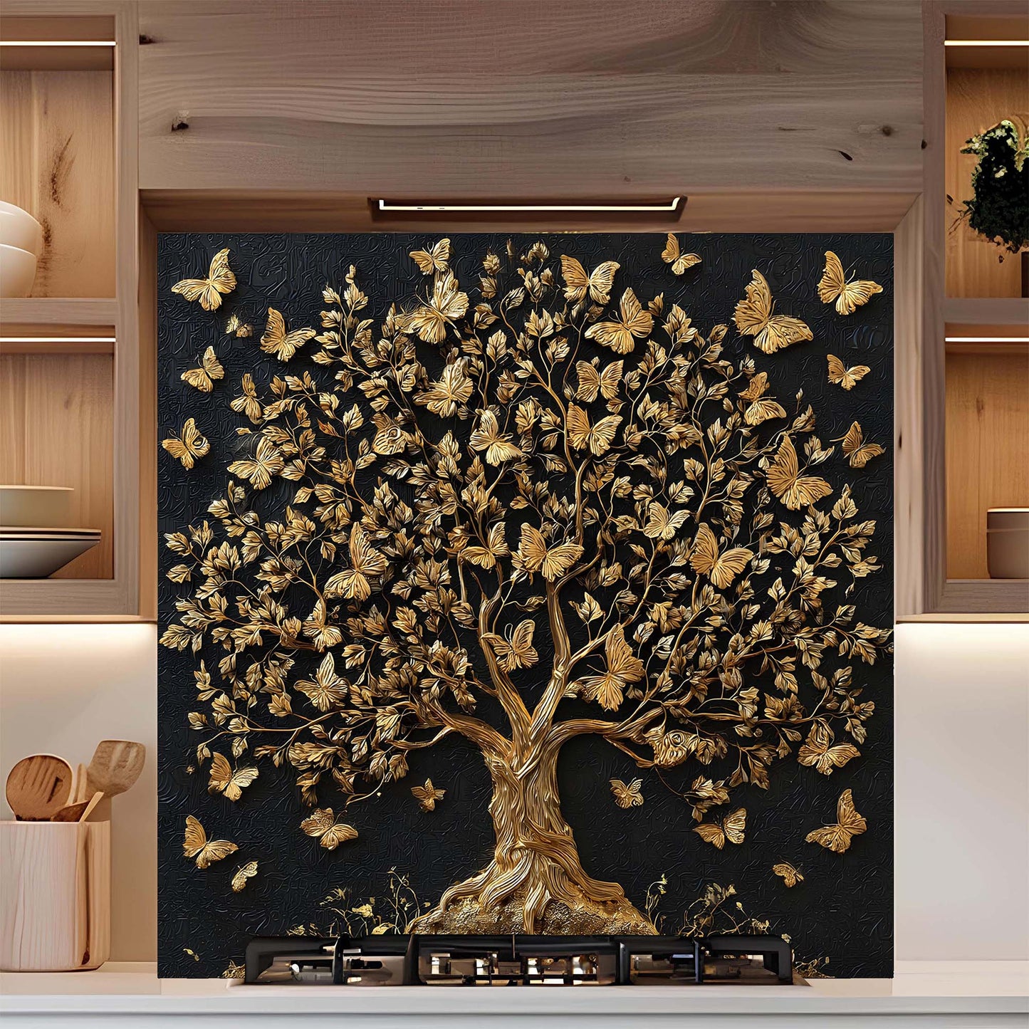 Decorative backsplash with a gold tree and butterflies on a black background in a kitchen setting.