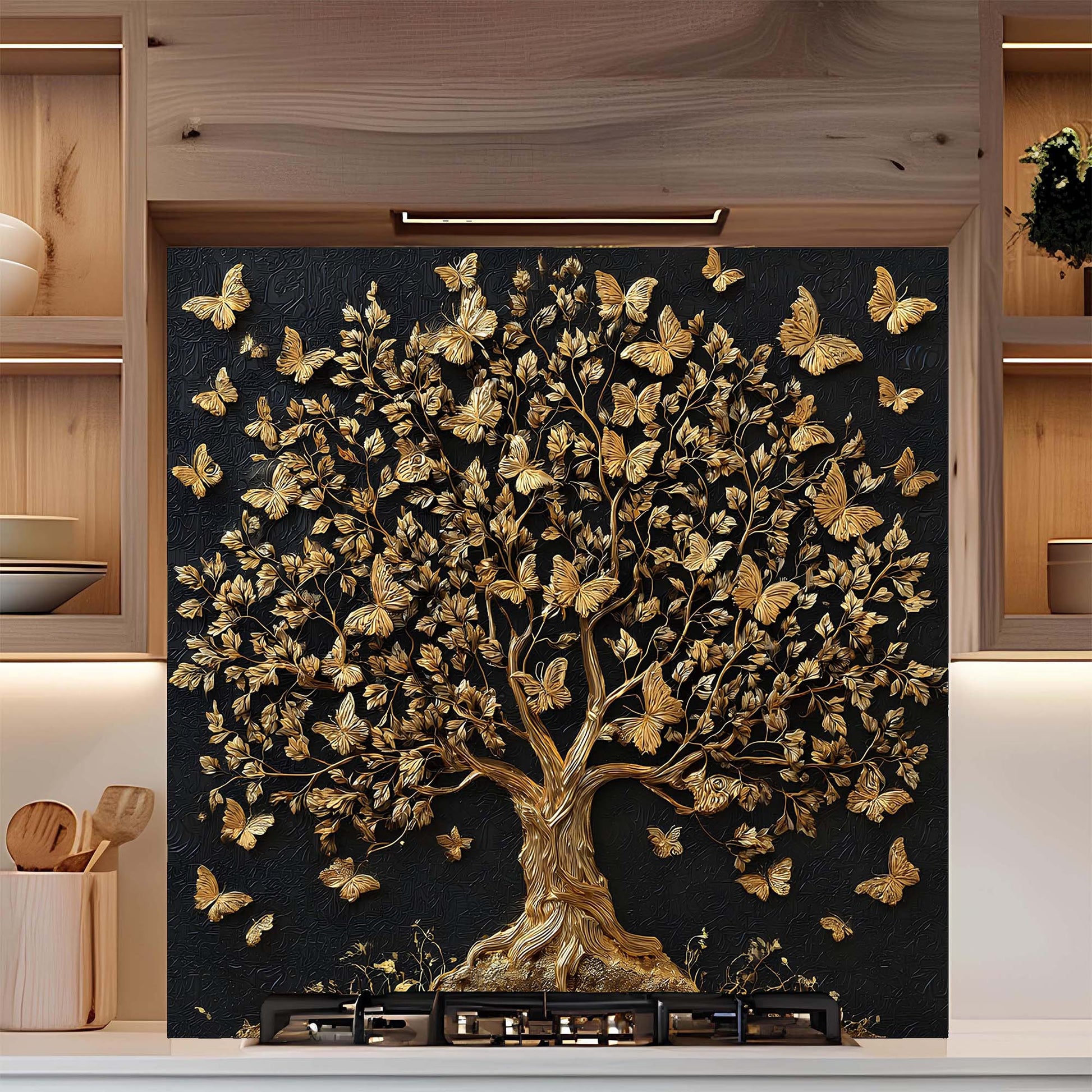 Decorative backsplash with a gold tree and butterflies on a black background in a kitchen setting.