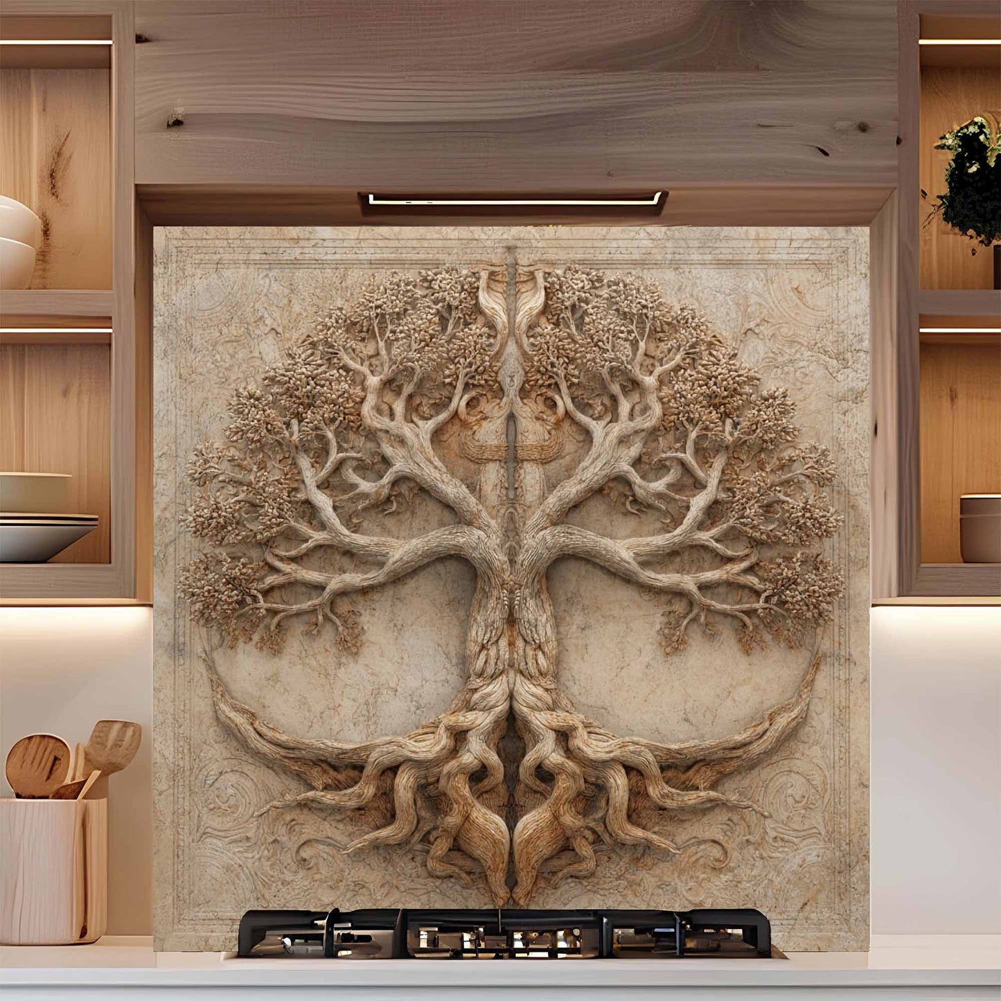 Decorative backsplash of a tree with roots on a kitchen wall