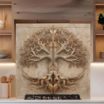 Decorative backsplash of a tree with roots on a kitchen wall