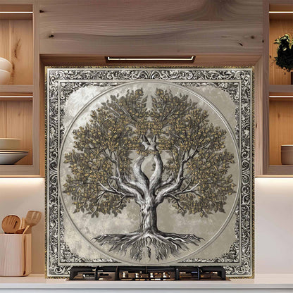 Decorative backsplash of a tree with intricate frame in a kitchen setting