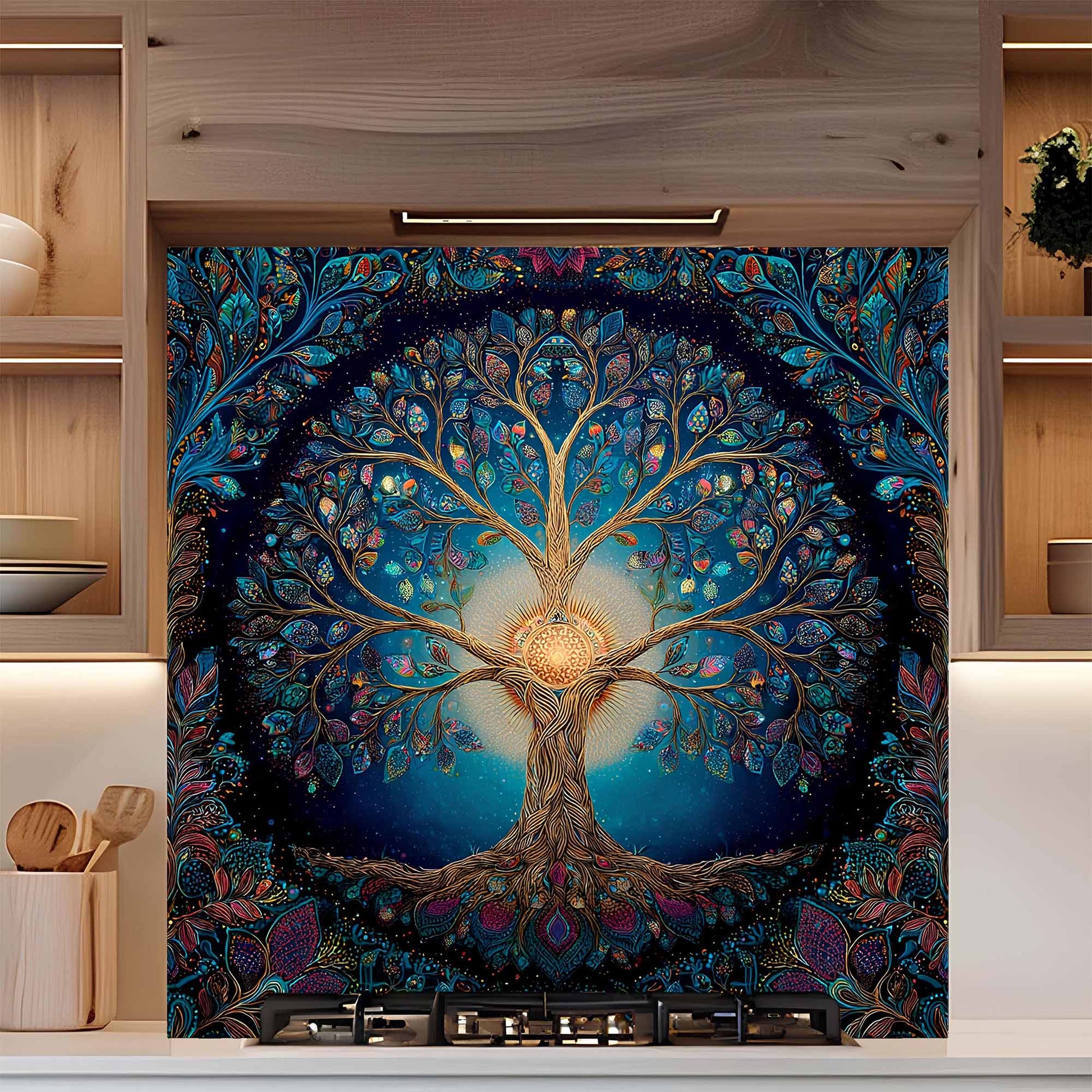 Decorative kitchen backsplash with a tree of life design in a modern kitchen.