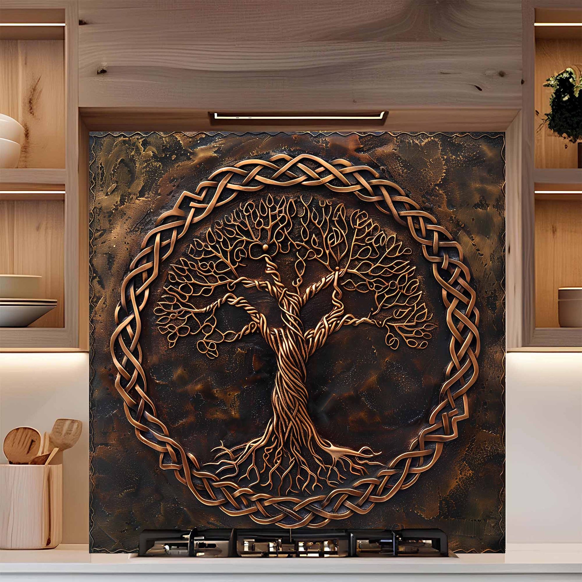 Decorative backsplash with a tree design on a glass surface in a kitchen setting.