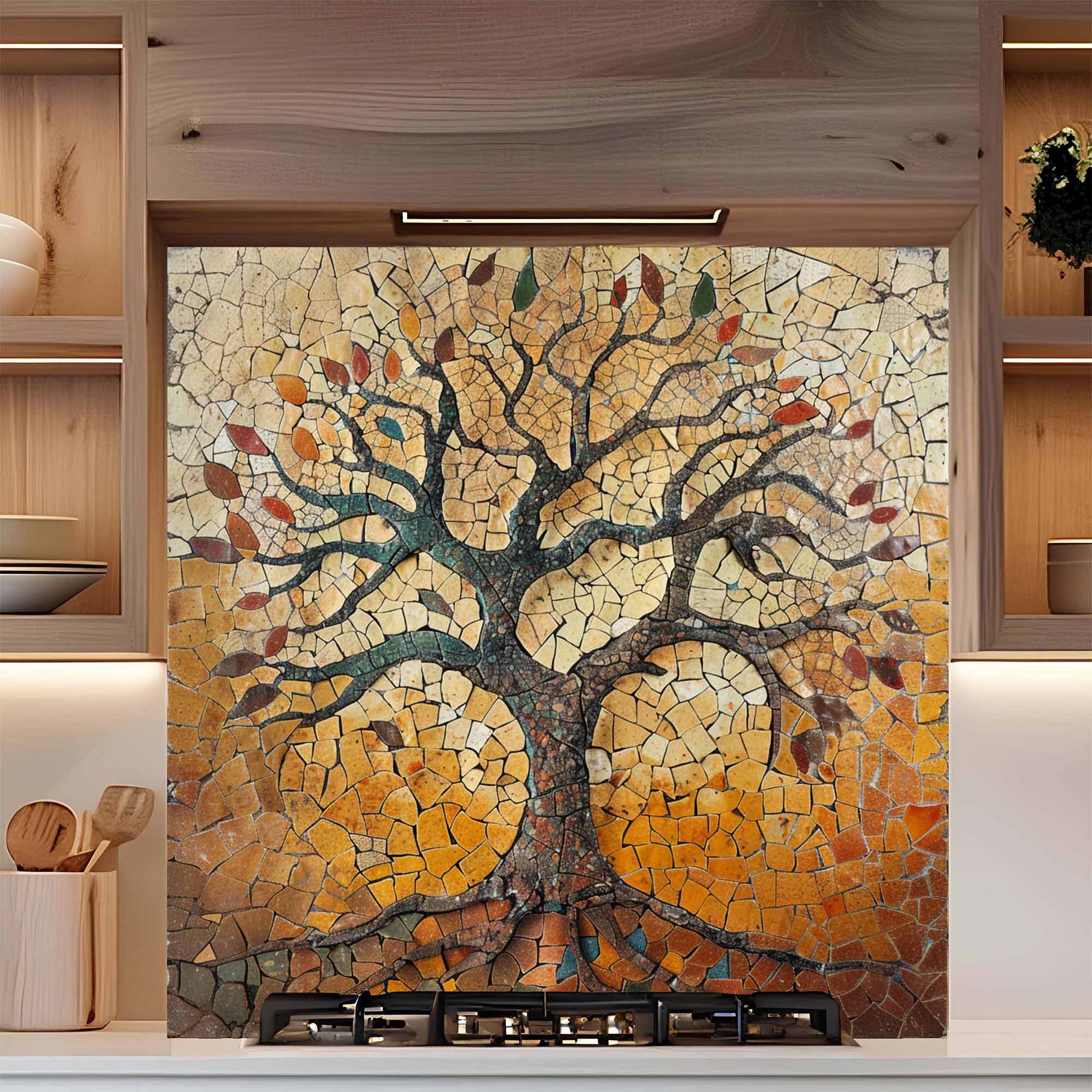 Mosaic tree design on a kitchen backsplash with wooden cabinets.