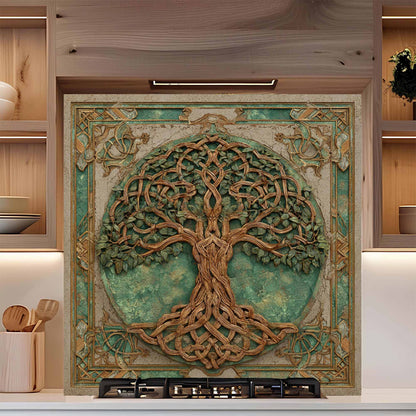Decorative backsplash with a tree design in a kitchen setting