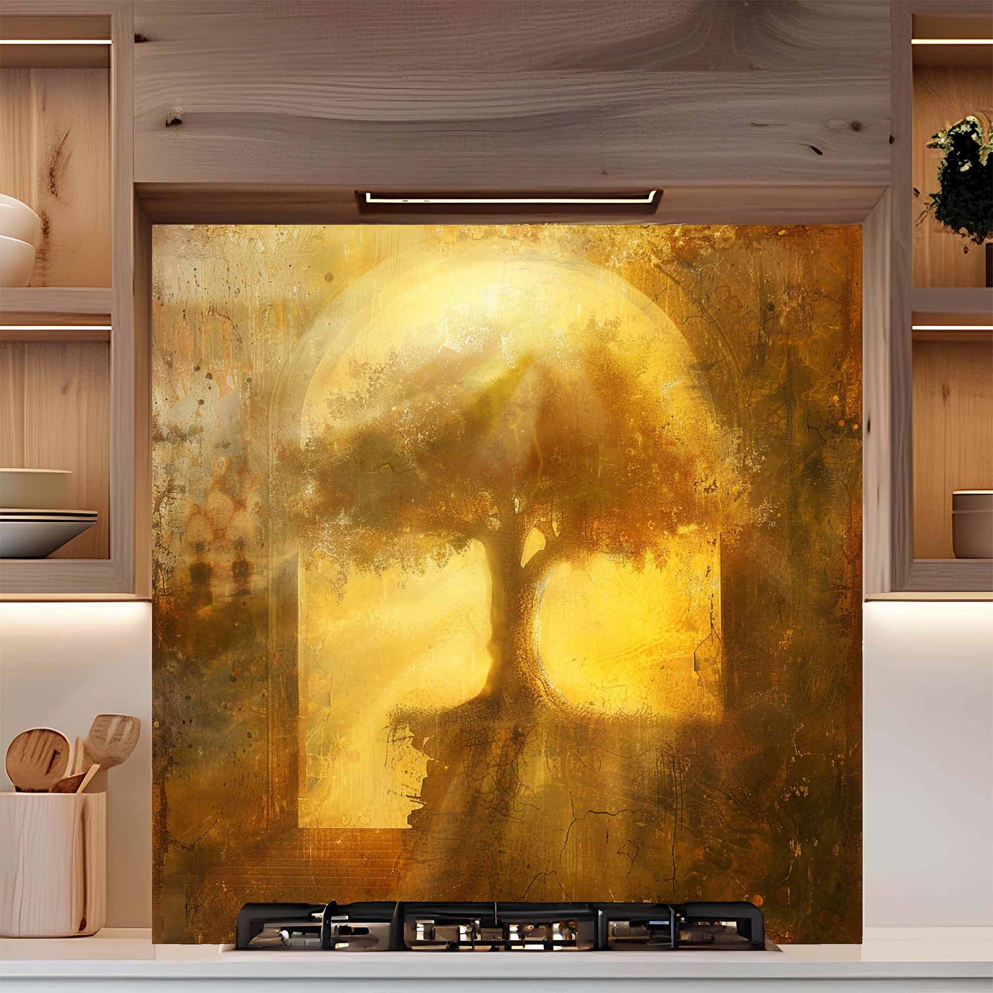 Decorative backsplash with a tree design in a kitchen setting