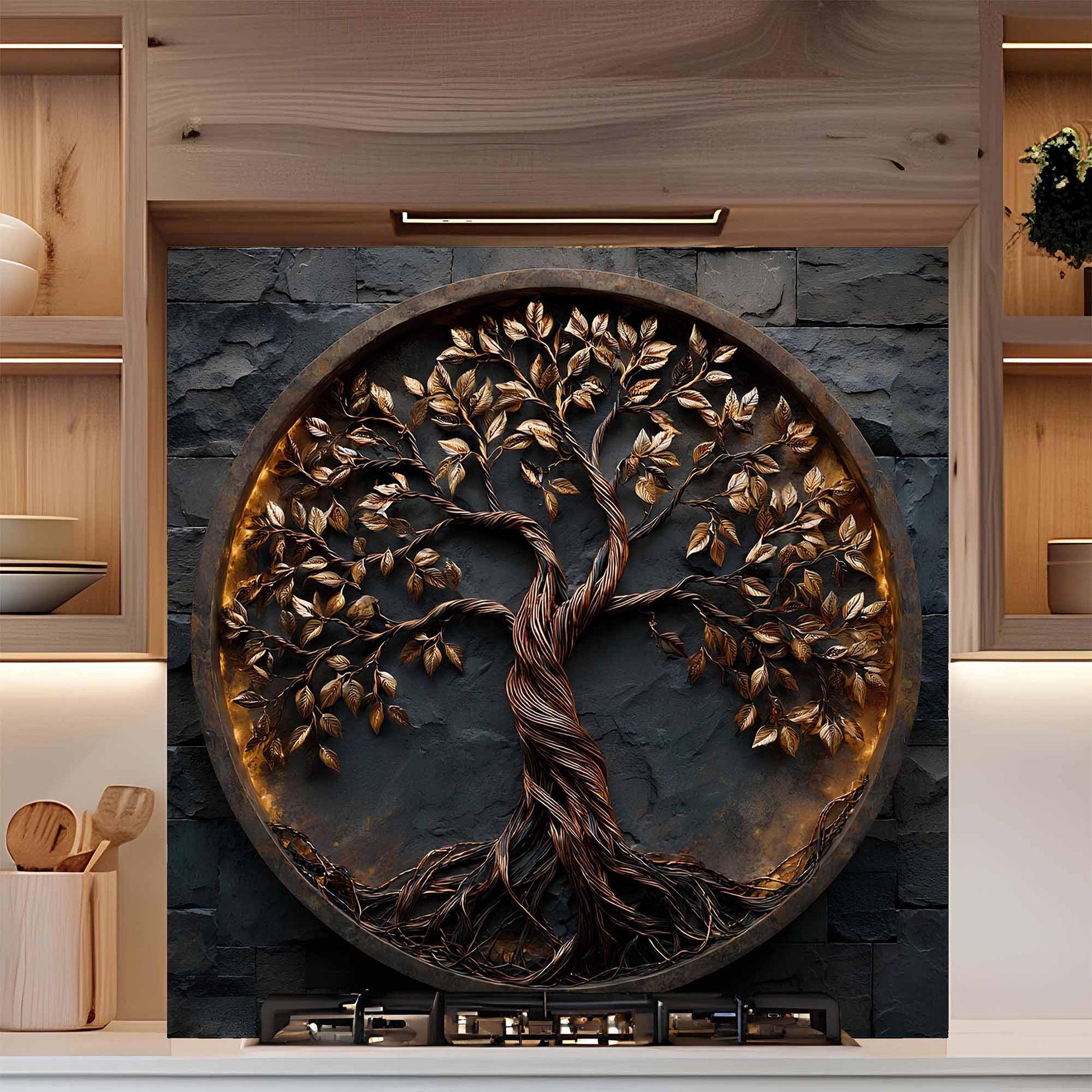 Decorative tempered glass backsplash of a tree with roots on a stone background in a kitchen setting.