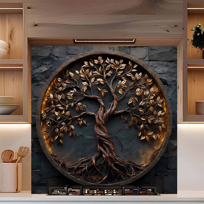 Decorative tempered glass backsplash of a tree with roots on a stone background in a kitchen setting.