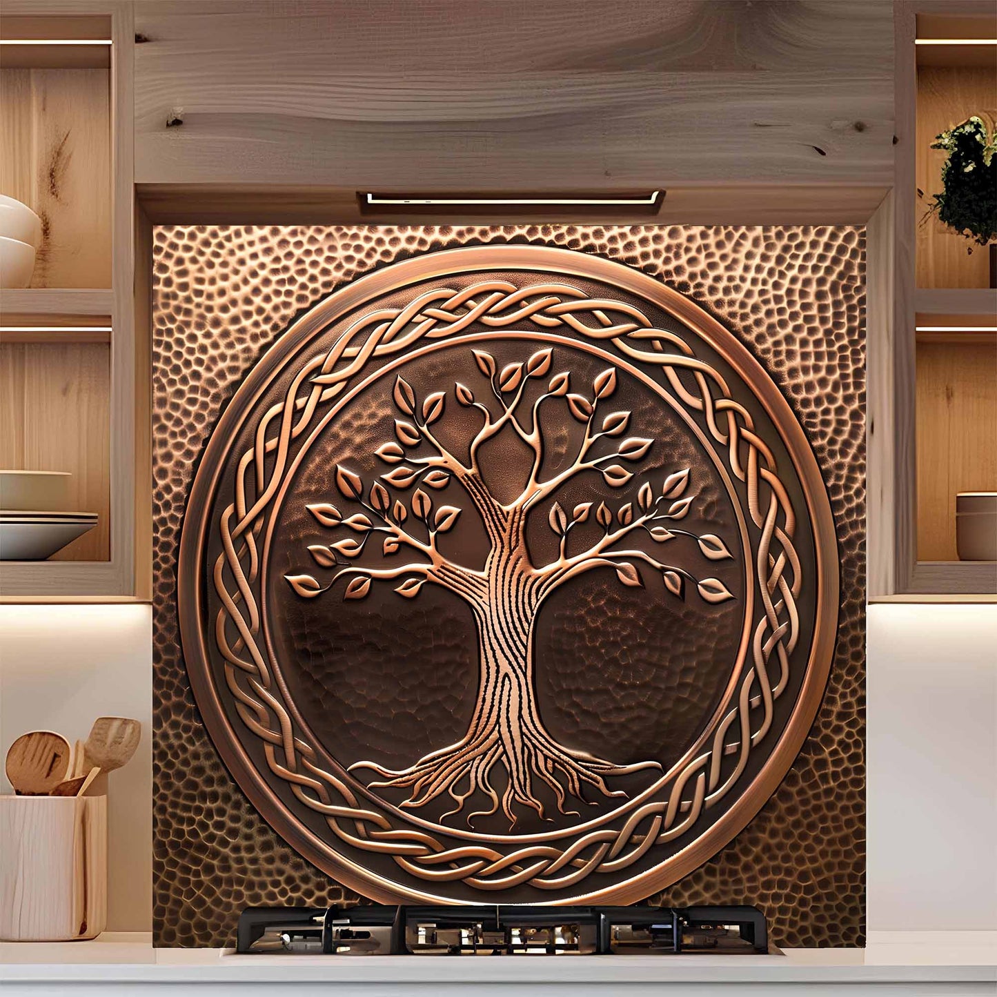 Decorative kitchen backsplash with tree of life design in a kitchen setting