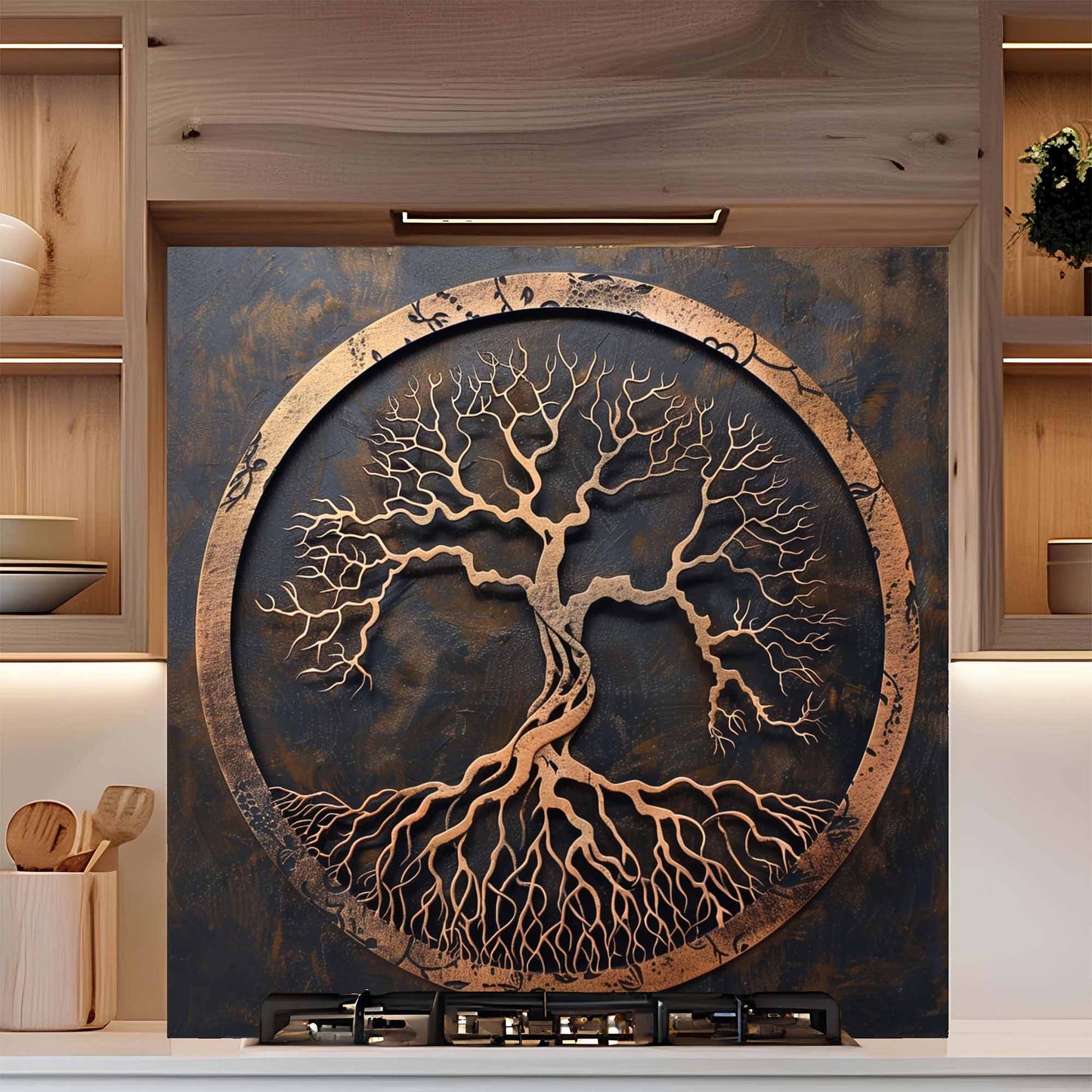 Decorative wall art with tree design on a kitchen wall