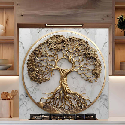Tempered glass backsplash of a gold tree on a marble background